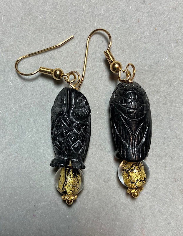 Owl earrings Black owl beads with gold metal